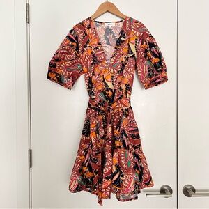 A.L.C. Carey Printed Puff Sleeve Mini Dress Size 4 Belted Tribal Resortwear Boho